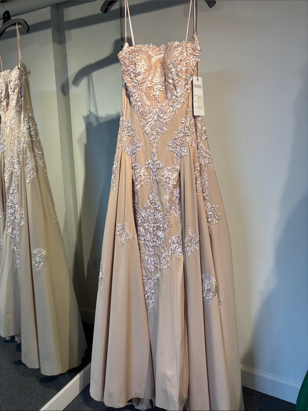 Janique 1691 Champagne Embellished Ball Gown Dress with Lace Appliqué